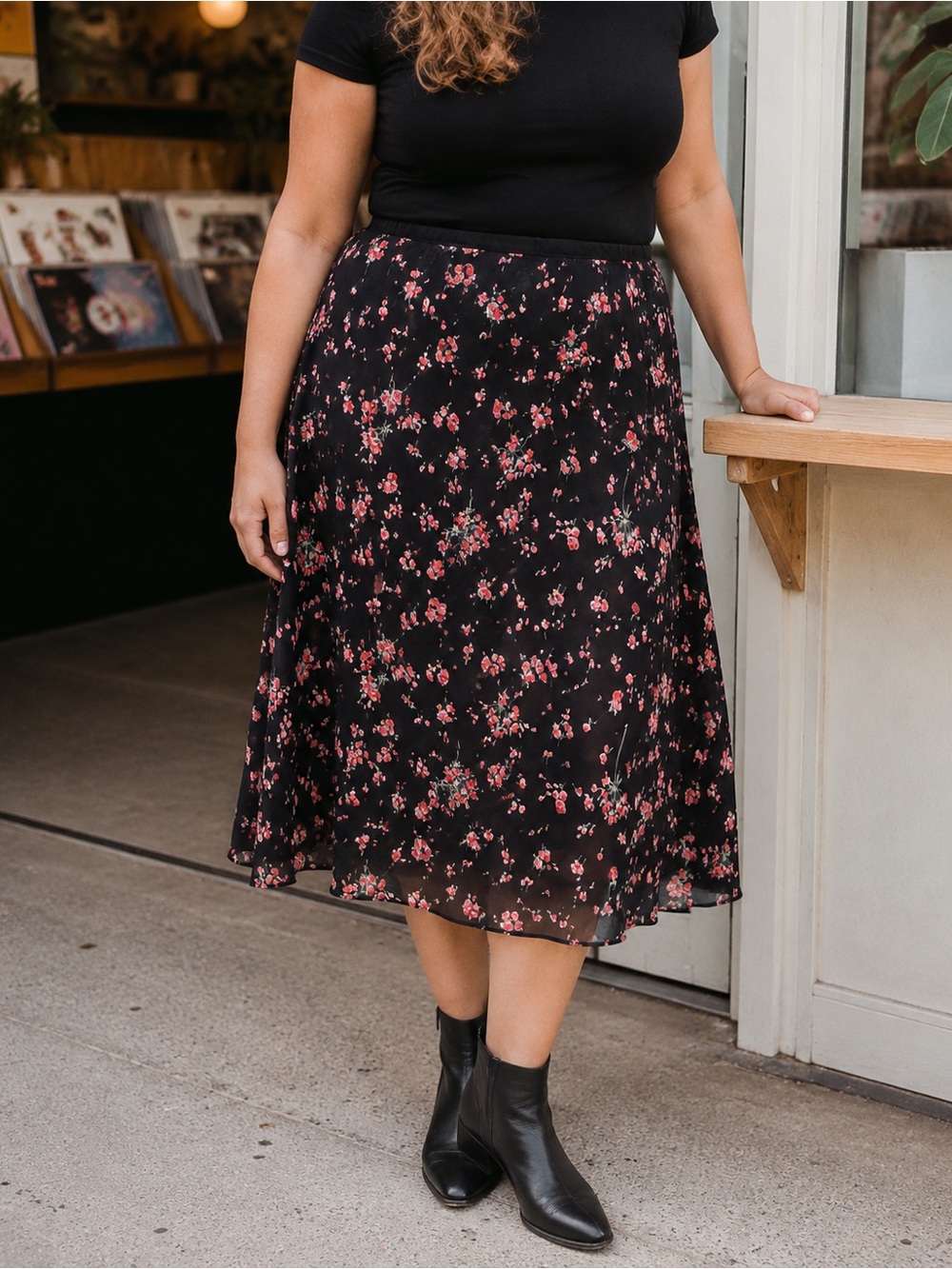 Vintage Y2K Black Red Rose Floral Chiffon Midi Skirt Size 14